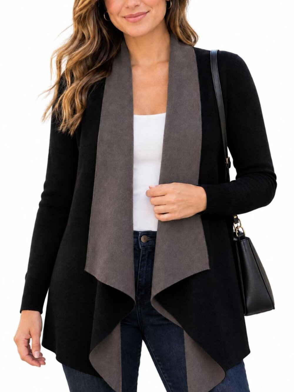 Theory Double Face Wool Blend Open Front Draped Cardigan Black & Taupe Size P